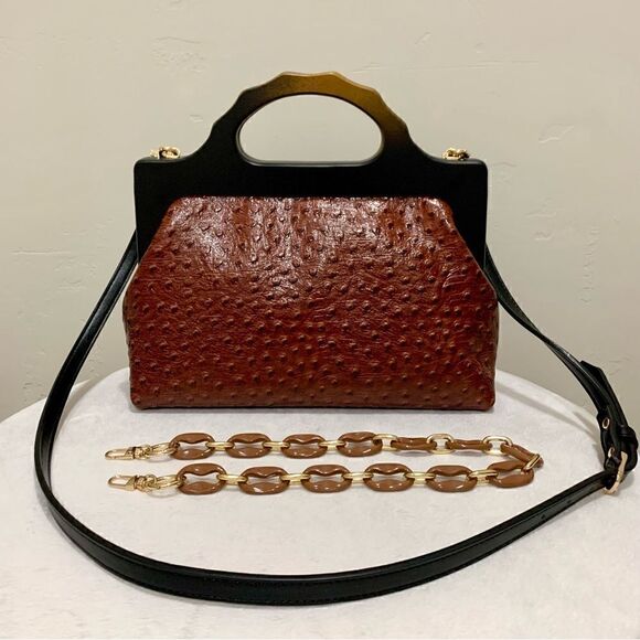 Laurie’s Collection Handbags - Handmade Genuine Ostrich Textured Cowhide, Wooden Frame Top Handle Satchel